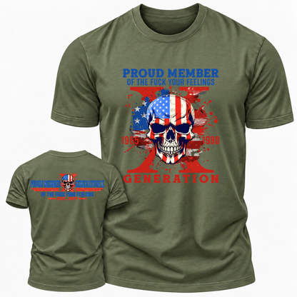 Proud Member Generation X 1965‑1980 American Flag Skull Double Sided Print T‑Shirt Retro Gen X EST.Year Patriotic Graphic Tee