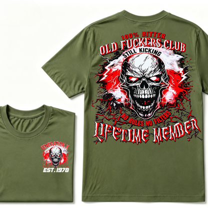 Generation X Skull Graphic Tee – 100% Bitter Old Fuckers Club Lifetime Member T-Shirt