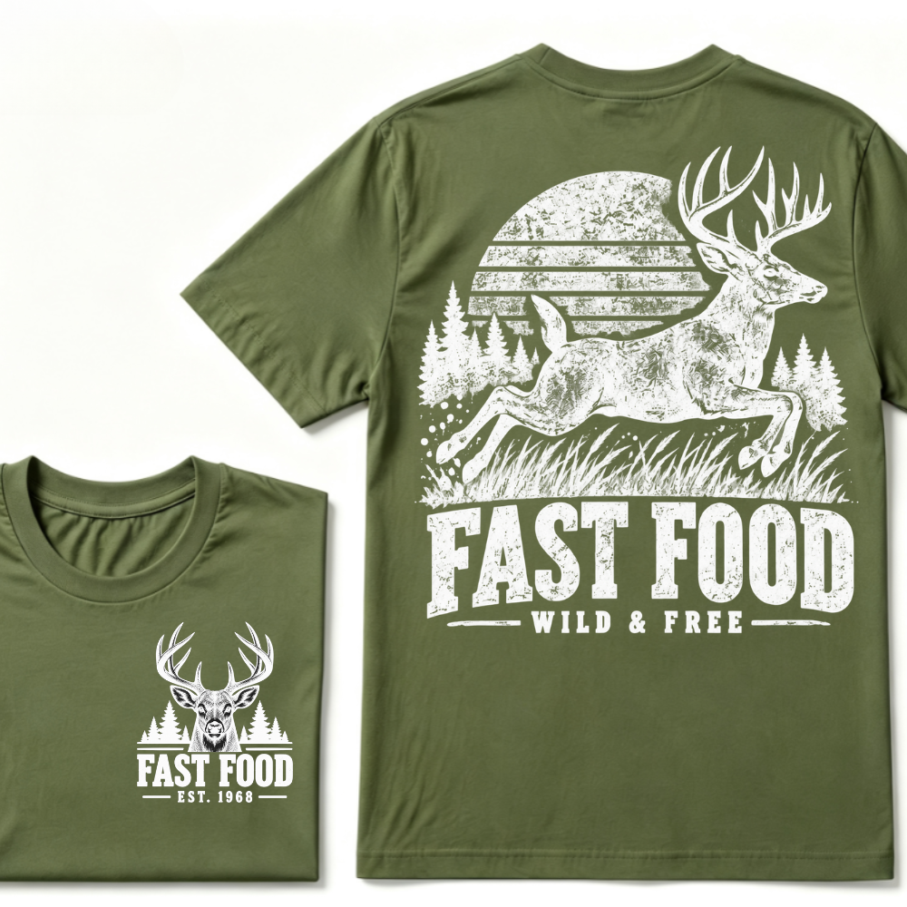 Fast Food Wild & Free Deer Hunting T-Shirt EST.Year Vintage Buck Hunter Forest Graphic Tee
