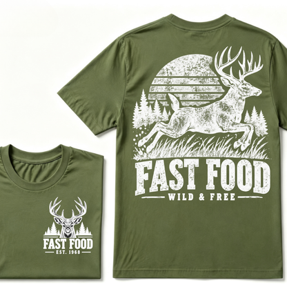 Fast Food Wild & Free Deer Hunting T-Shirt EST.Year Vintage Buck Hunter Forest Graphic Tee