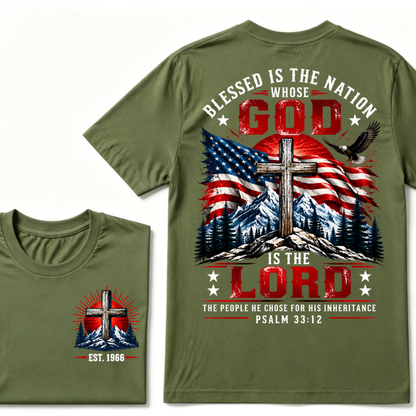 Blessed Is The Nation Whose God Is The Lord Psalm 33:12 EST.Year Patriotic Christian USA Flag EagleT-Shirt