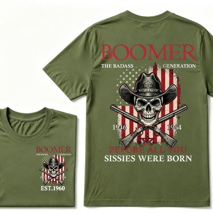 Boomer The Badass Generation 1946-1964 Cowboy Skull USA Flag T-Shirt EST.Year Vintage Patriotic Graphic Tee