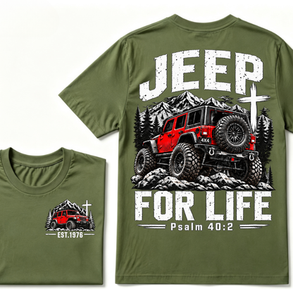 Jeep For Life Psalm 40:2 Offroad 4x4 Mountain EST.Year Front And Back Print T-Shirt, Christian Jeep Lover Graphic Tee