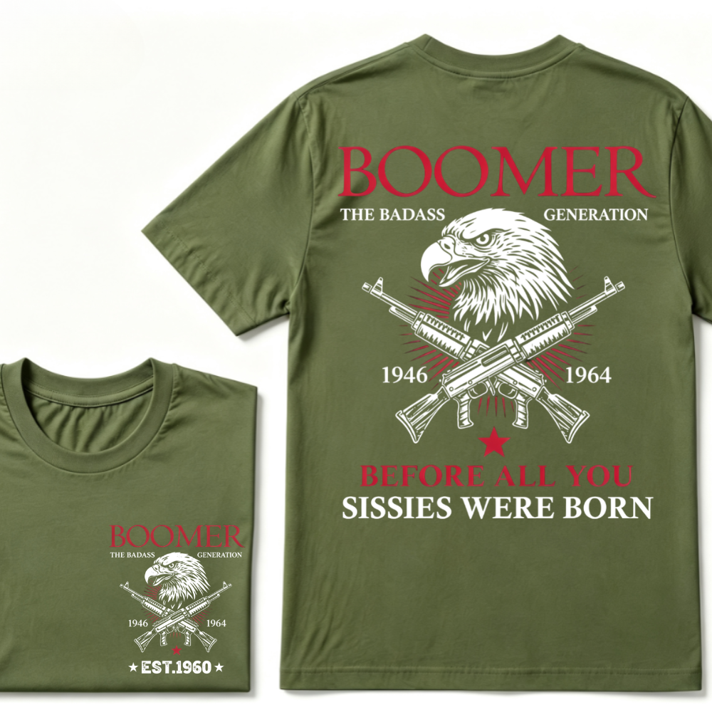 Boomer The Badass Generation 1946-1964 Eagle Crossed Guns Patriotic T-Shirt EST.Year Vintage Boomer Graphic Tee
