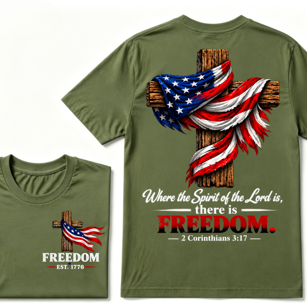 Patriotic USA Flag Cross Christian T Shirt Where the Spirit of the Lord is there is Freedom Bible Verse EST.Year Faith Tee