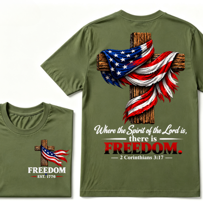 Patriotic USA Flag Cross Christian T Shirt Where the Spirit of the Lord is there is Freedom Bible Verse EST.Year Faith Tee