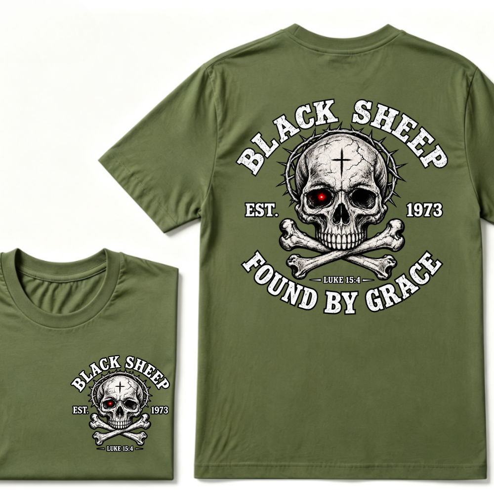 Black Sheep Found By Grace EST.Year Luke 15:4 Skull Crossbone Crown of Thorns Christian Custom Your Year T-Shirt