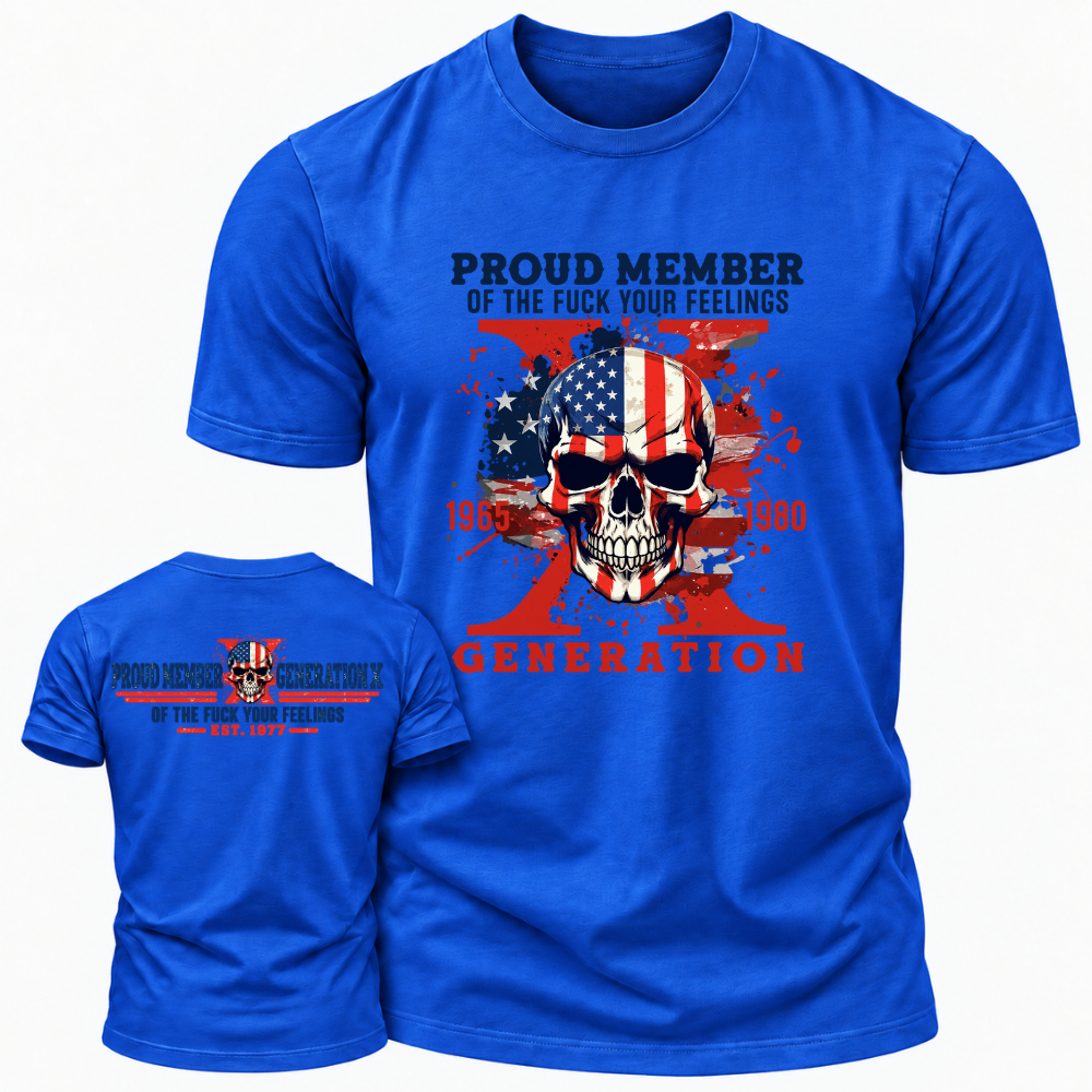 Proud Member Generation X 1965‑1980 American Flag Skull Double Sided Print T‑Shirt Retro Gen X EST.Year Patriotic Graphic Tee