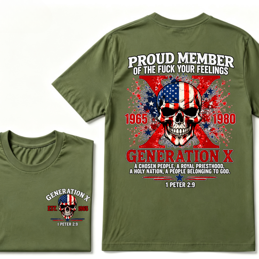 Proud Member Generation X 1965-1980 American Flag Skull 1 Peter 2:9 EST.Year Christian T-Shirt