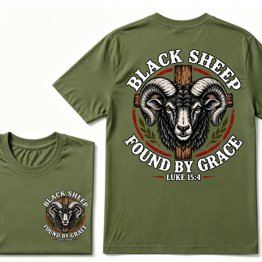 Black Sheep Found By Grace Luke 15：4 Custom EST.Year Ram Head Cross Christian Graphic T-Shirt
