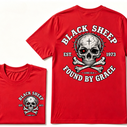 Black Sheep Found By Grace EST.Year Luke 15:4 Skull Crossbone Crown of Thorns Christian Custom Your Year T-Shirt