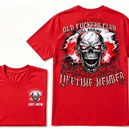 Generation X Skull Graphic Tee – 100% Bitter Old Fuckers Club Lifetime Member T-Shirt