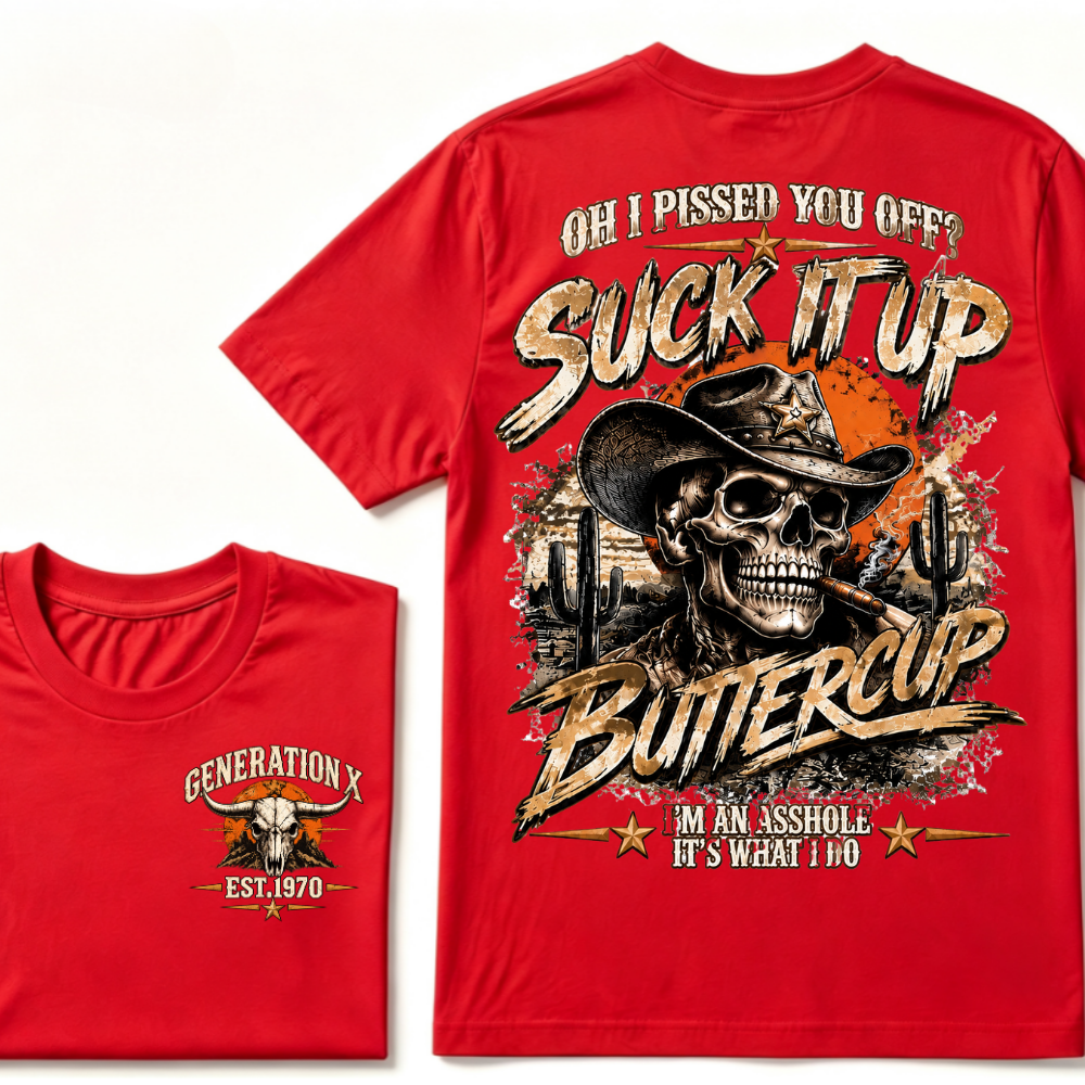 Generation X Cowboy Skull T-Shirt, Oh I Pissed You Off Suck It Up Buttercup Western Desert Gen X EST.Year Sarcastic Graphic Tee