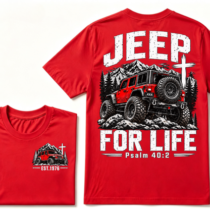 Jeep For Life Psalm 40:2 Offroad 4x4 Mountain EST.Year Front And Back Print T-Shirt, Christian Jeep Lover Graphic Tee