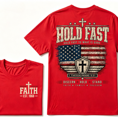 Hold Fast To What Is Good 1 Thessalonians 5:21 American Flag Christian EST.Year Faith Graphic T-Shirt
