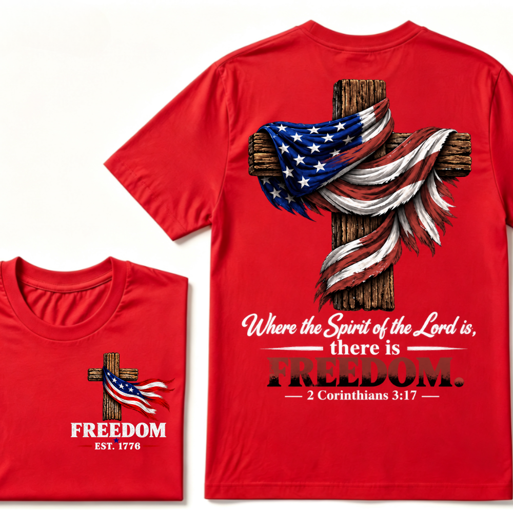 Patriotic USA Flag Cross Christian T Shirt Where the Spirit of the Lord is there is Freedom Bible Verse EST.Year Faith Tee