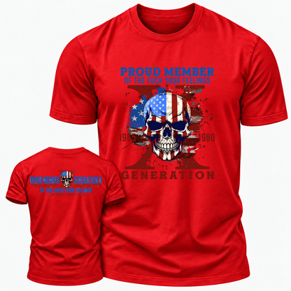 Proud Member Generation X 1965‑1980 American Flag Skull Double Sided Print T‑Shirt Retro Gen X EST.Year Patriotic Graphic Tee