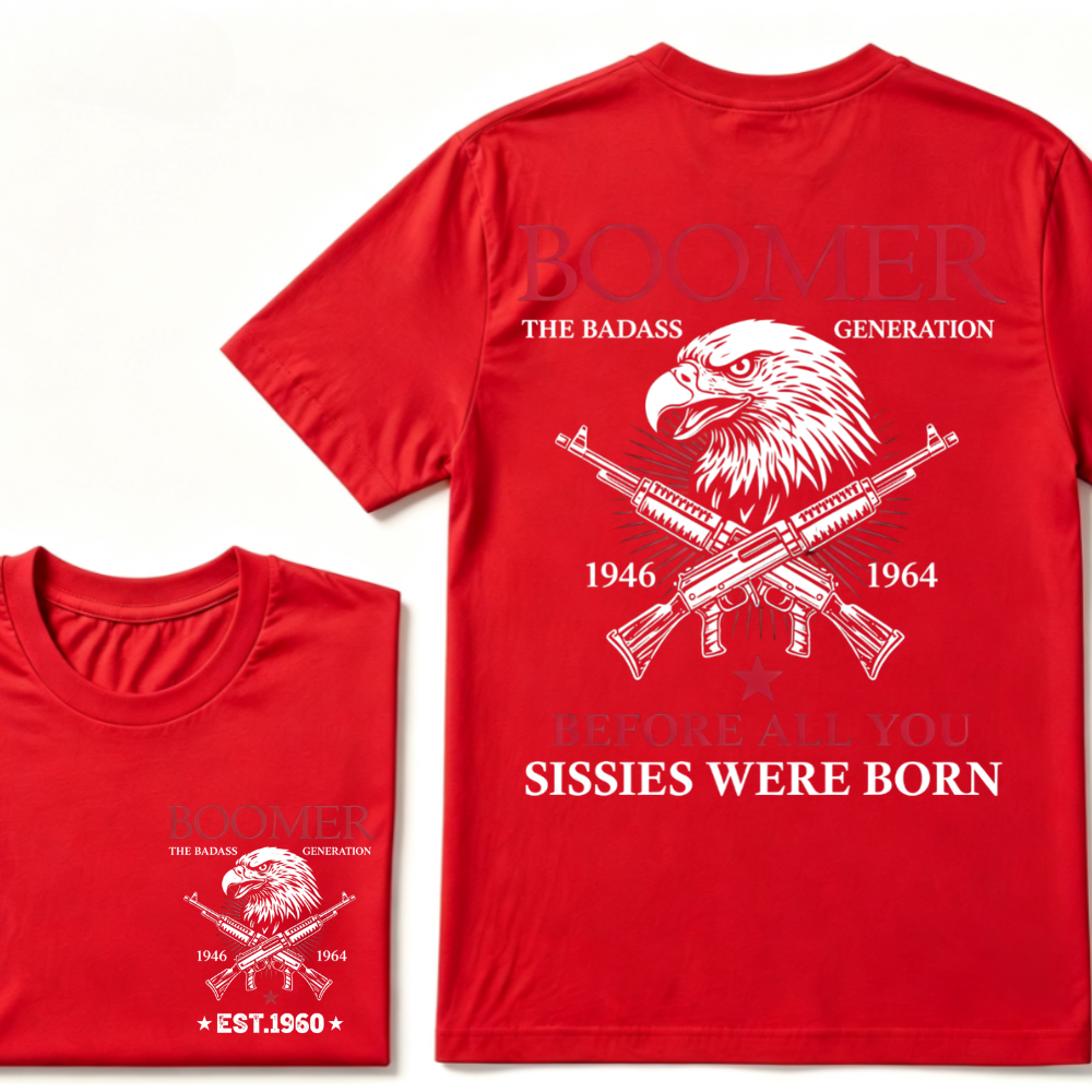 Boomer The Badass Generation 1946-1964 Eagle Crossed Guns Patriotic T-Shirt EST.Year Vintage Boomer Graphic Tee