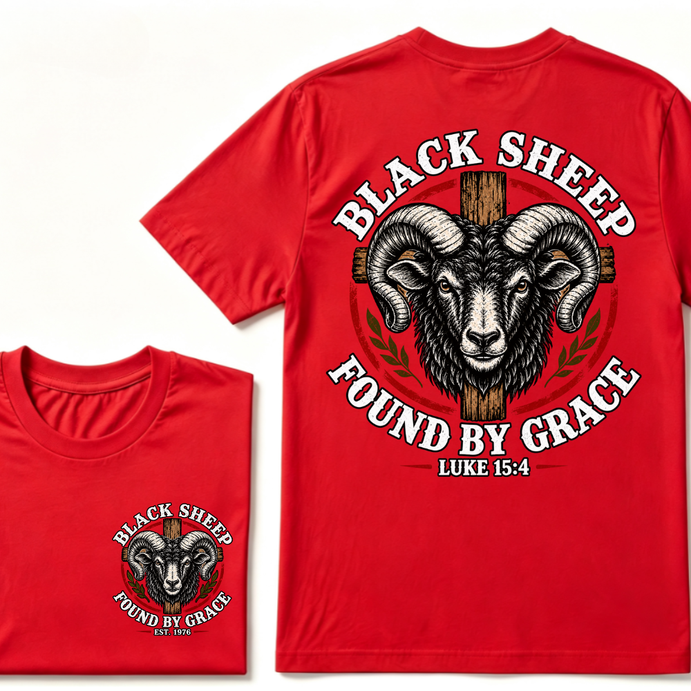 Black Sheep Found By Grace Luke 15：4 Custom EST.Year Ram Head Cross Christian Graphic T-Shirt