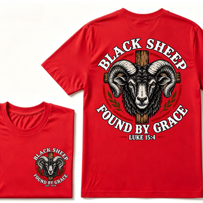 Black Sheep Found By Grace Luke 15：4 Custom EST.Year Ram Head Cross Christian Graphic T-Shirt
