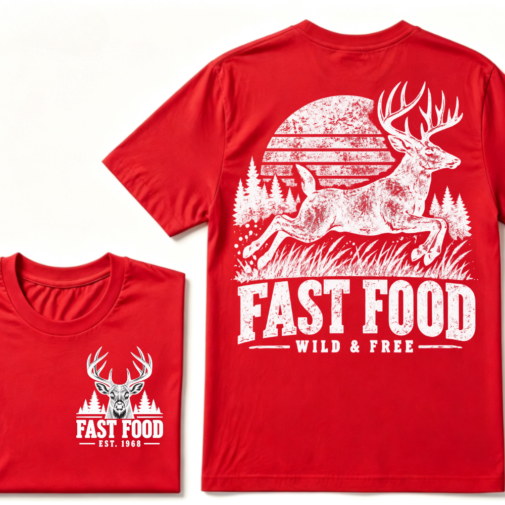 Fast Food Wild & Free Deer Hunting T-Shirt EST.Year Vintage Buck Hunter Forest Graphic Tee