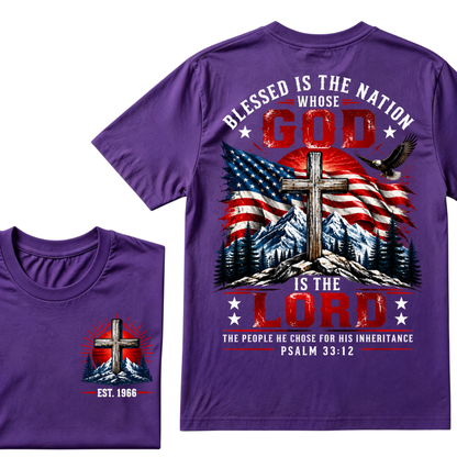 Blessed Is The Nation Whose God Is The Lord Psalm 33:12 EST.Year Patriotic Christian USA Flag EagleT-Shirt