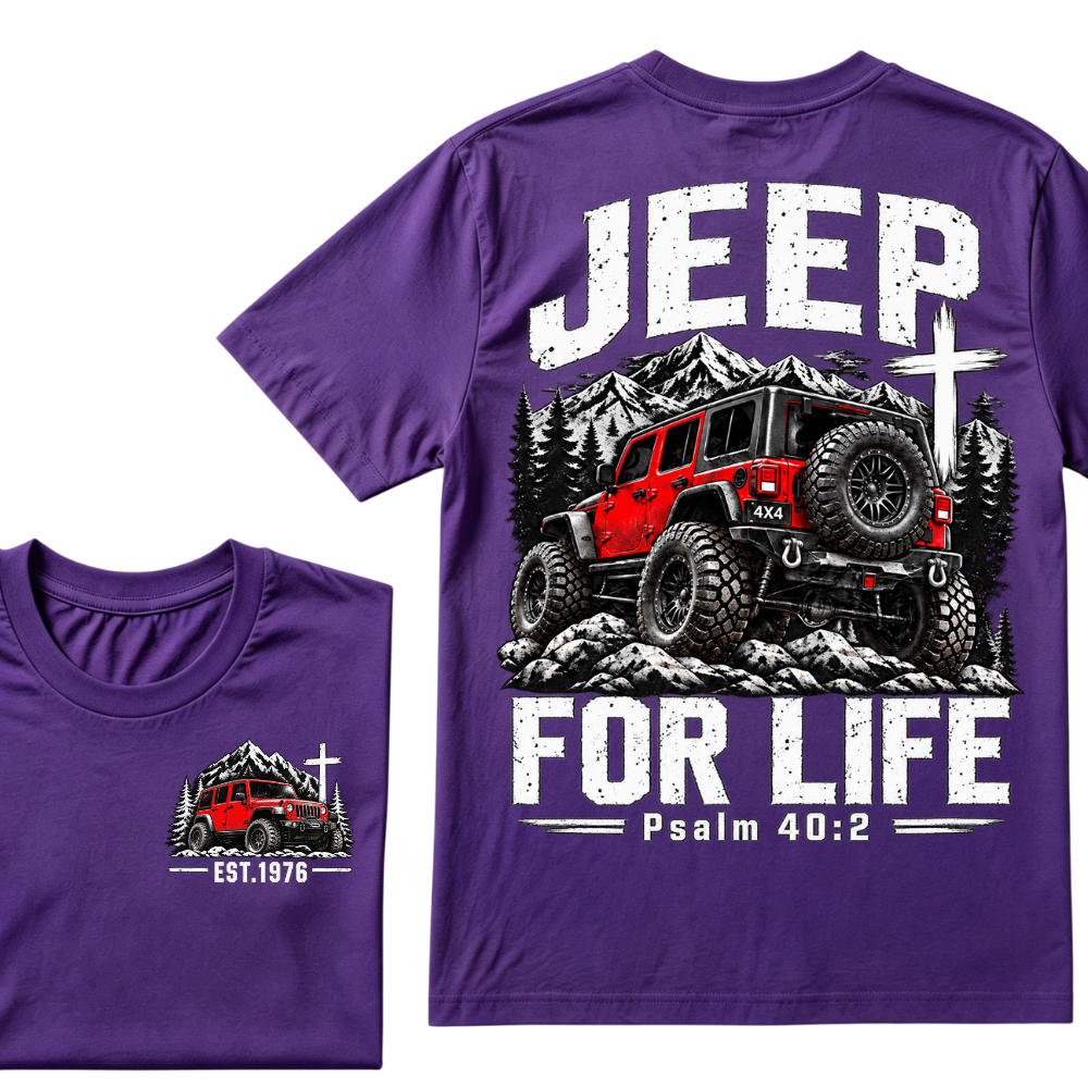 Jeep For Life Psalm 40:2 Offroad 4x4 Mountain EST.Year Front And Back Print T-Shirt, Christian Jeep Lover Graphic Tee