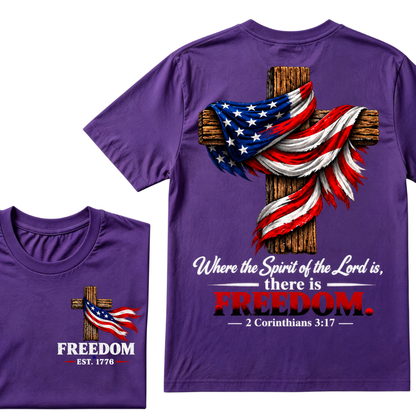 Patriotic USA Flag Cross Christian T Shirt Where the Spirit of the Lord is there is Freedom Bible Verse EST.Year Faith Tee