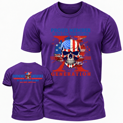 Proud Member Generation X 1965‑1980 American Flag Skull Double Sided Print T‑Shirt Retro Gen X EST.Year Patriotic Graphic Tee