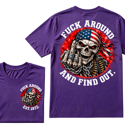 Fuck Around And Find Out USA Flag Middle Finger Skull T-Shirt EST.Year Patriotic Skeleton Graphic Tee