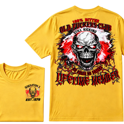 Generation X Skull Graphic Tee – 100% Bitter Old Fuckers Club Lifetime Member T-Shirt
