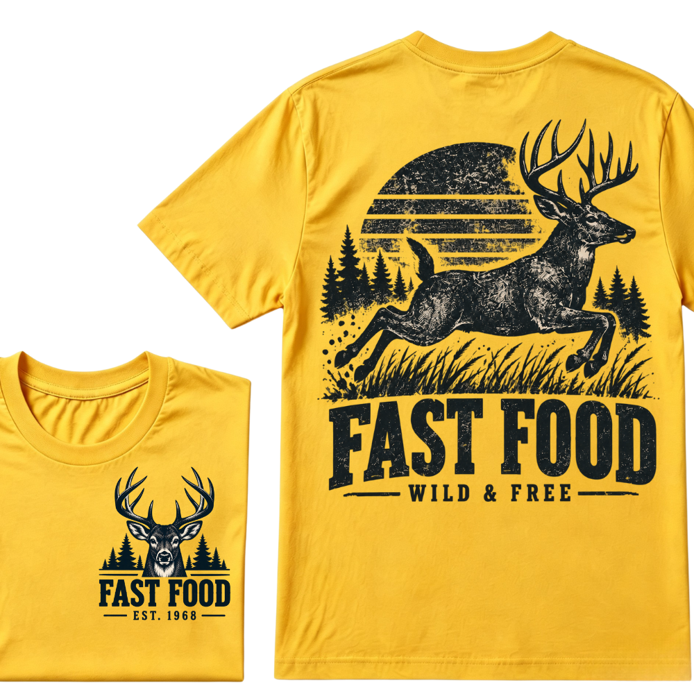 Fast Food Wild & Free Deer Hunting T-Shirt EST.Year Vintage Buck Hunter Forest Graphic Tee