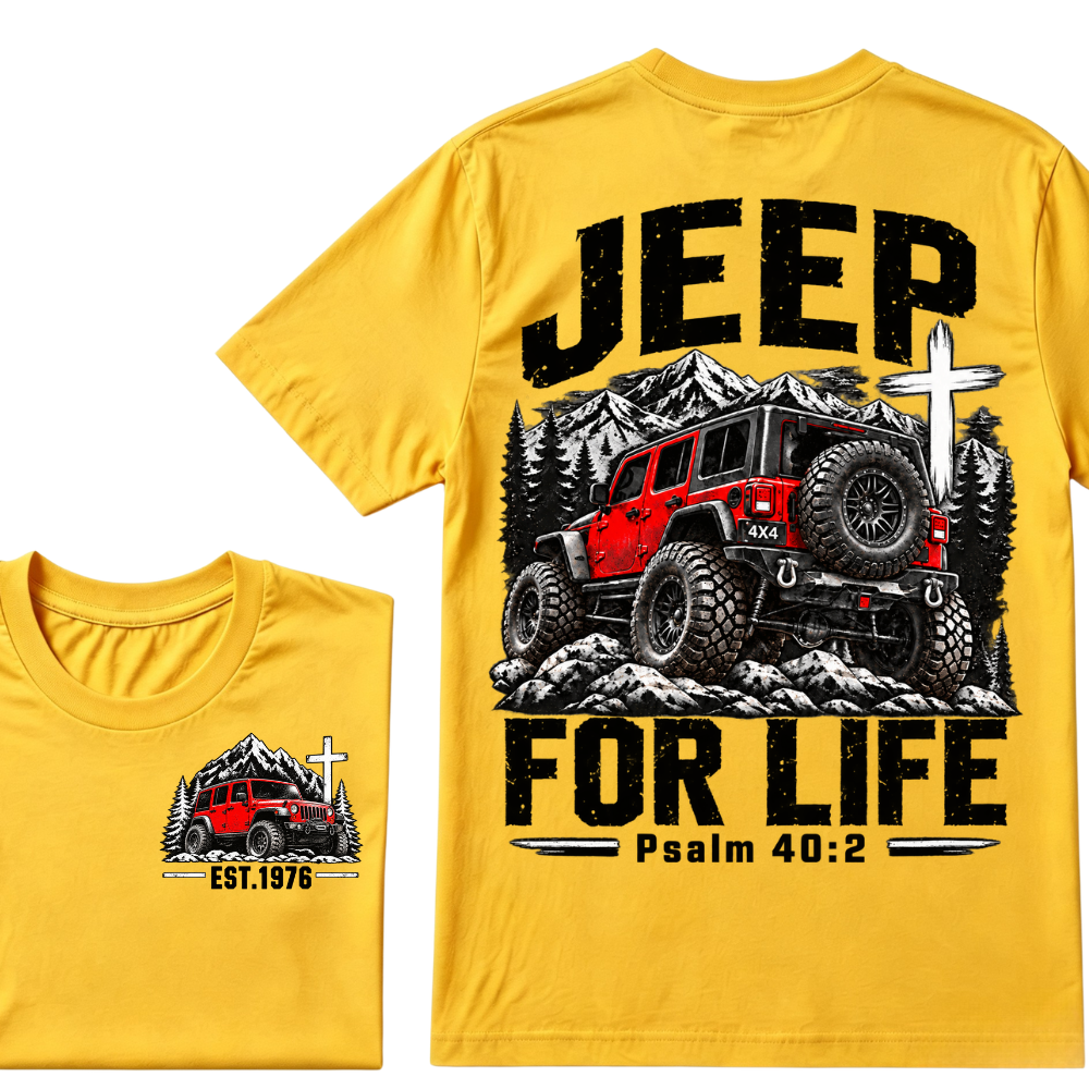 Jeep For Life Psalm 40:2 Offroad 4x4 Mountain EST.Year Front And Back Print T-Shirt, Christian Jeep Lover Graphic Tee