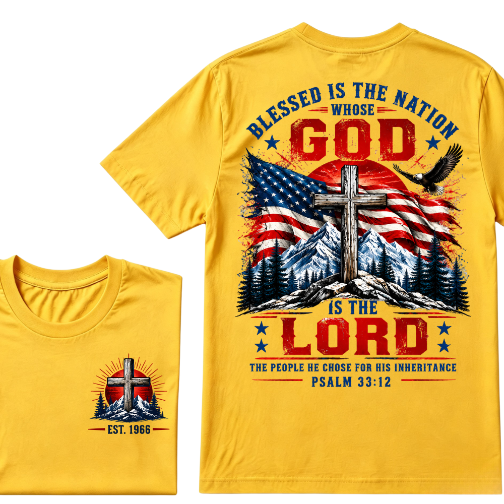 Blessed Is The Nation Whose God Is The Lord Psalm 33:12 EST.Year Patriotic Christian USA Flag EagleT-Shirt