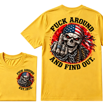 Fuck Around And Find Out USA Flag Middle Finger Skull T-Shirt EST.Year Patriotic Skeleton Graphic Tee