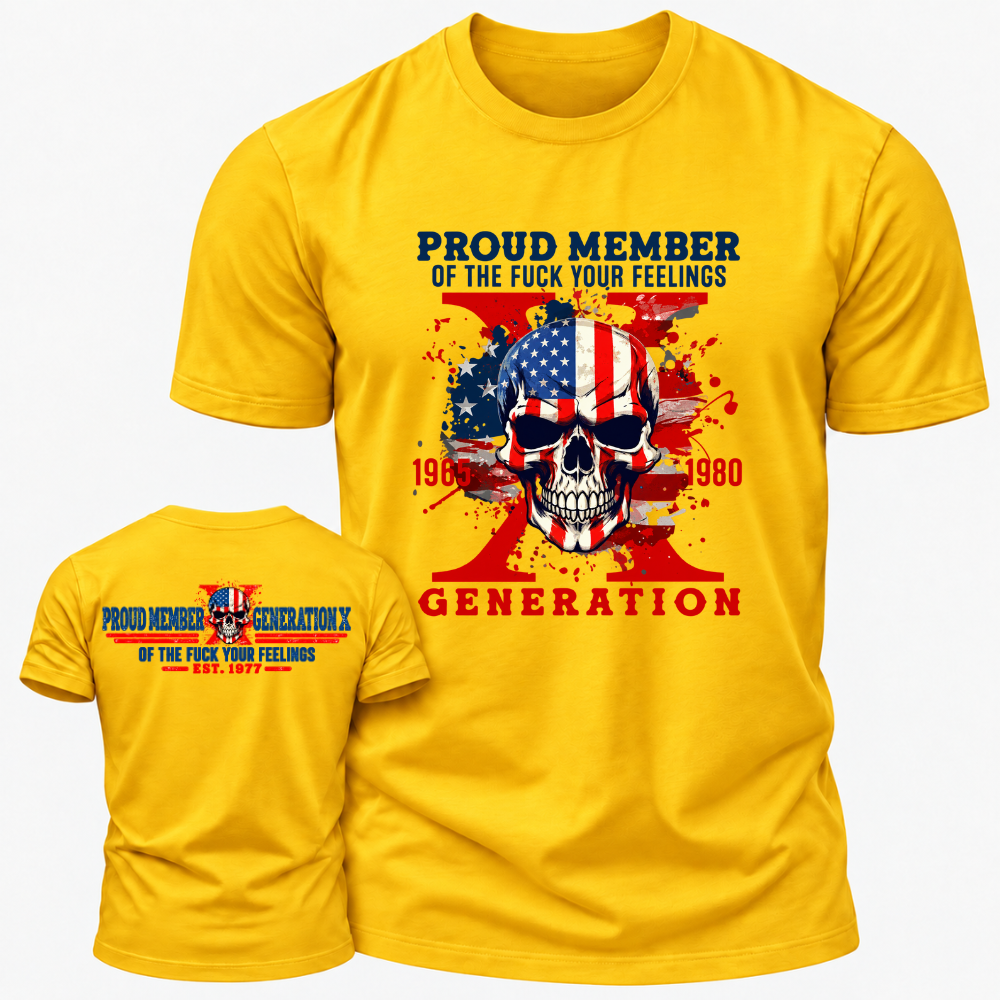 Proud Member Generation X 1965‑1980 American Flag Skull Double Sided Print T‑Shirt Retro Gen X EST.Year Patriotic Graphic Tee