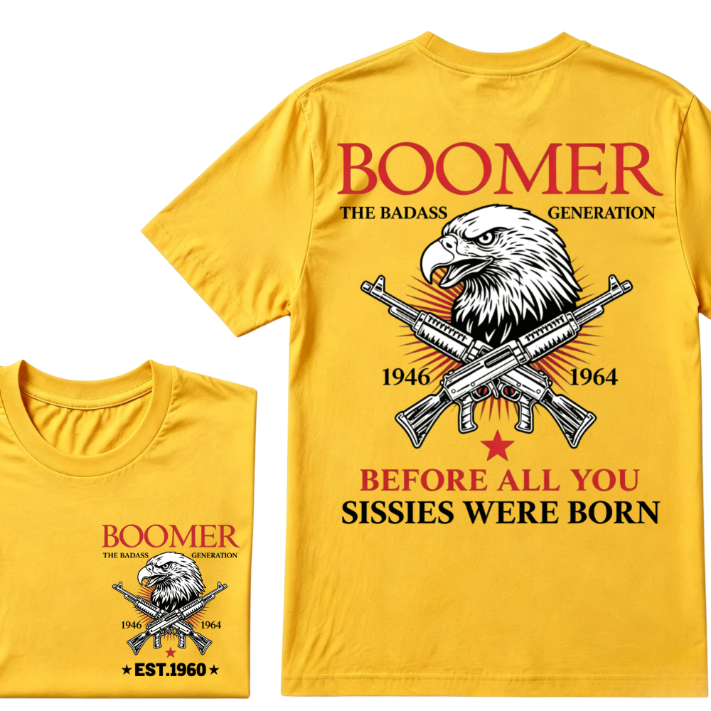 Boomer The Badass Generation 1946-1964 Eagle Crossed Guns Patriotic T-Shirt EST.Year Vintage Boomer Graphic Tee