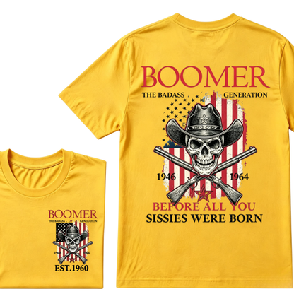 Boomer The Badass Generation 1946-1964 Cowboy Skull USA Flag T-Shirt EST.Year Vintage Patriotic Graphic Tee