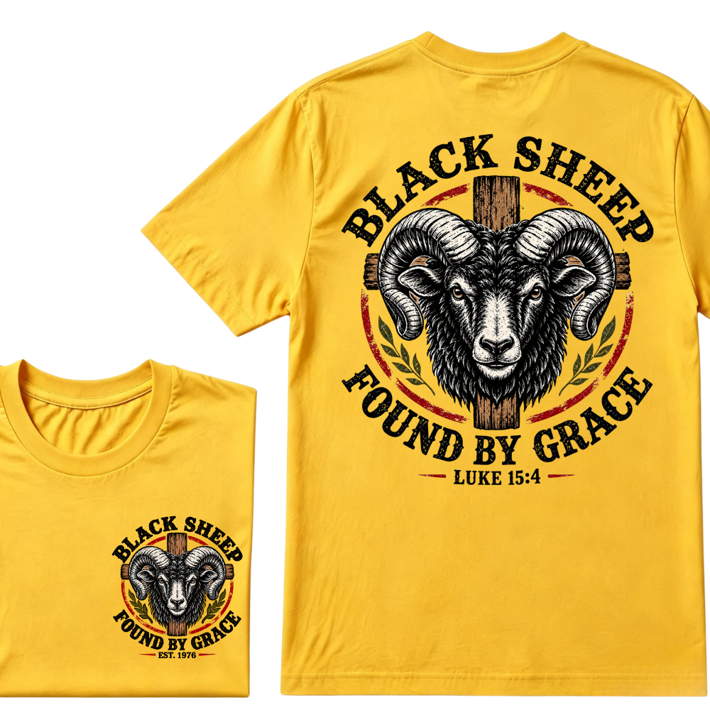 Black Sheep Found By Grace Luke 15：4 Custom EST.Year Ram Head Cross Christian Graphic T-Shirt