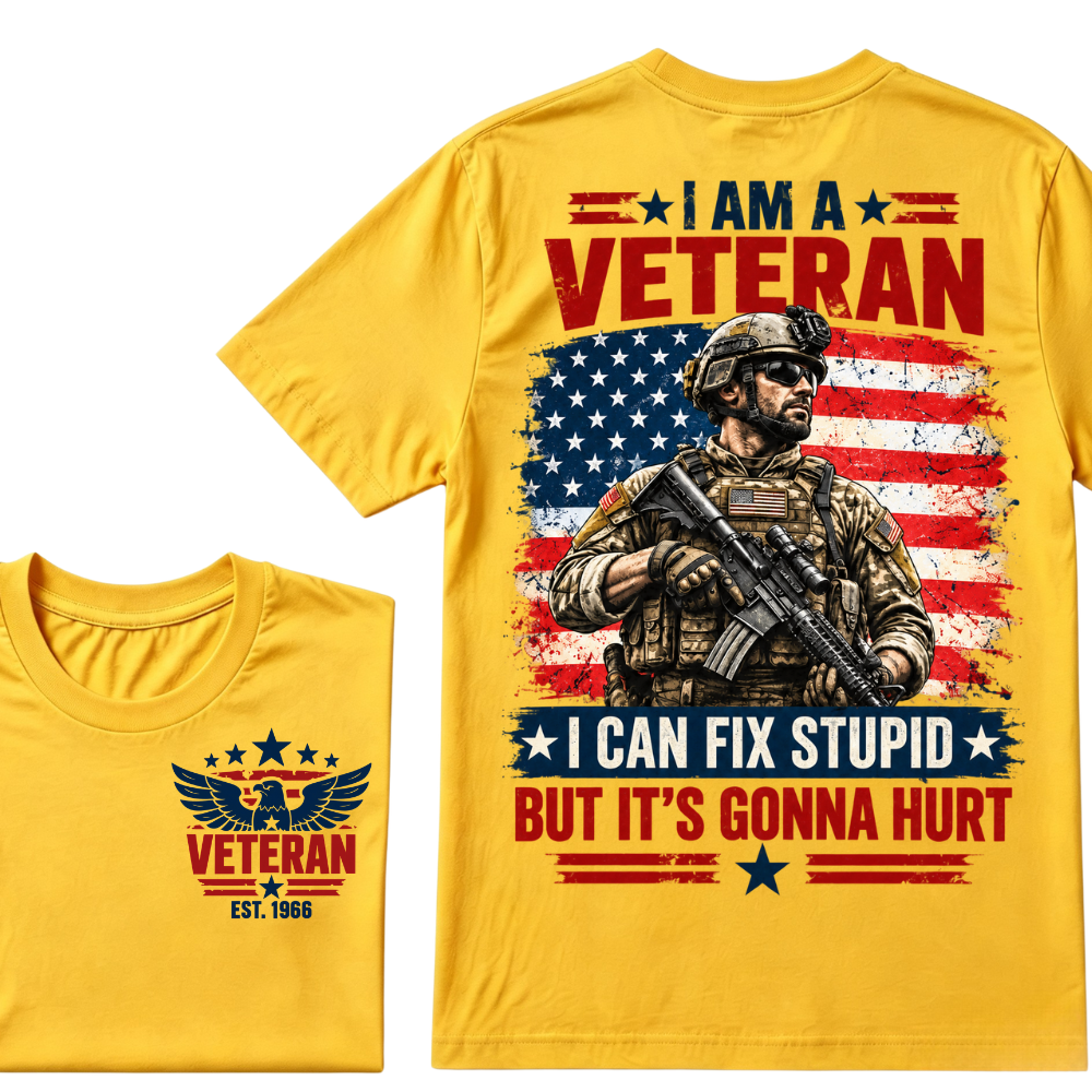 I Am A Veteran I Can Fix Stupid But It's Gonna Hurt EST.Year American Flag Veteran Front And Back Print T-Shirt, Patriotic Graphic Tee