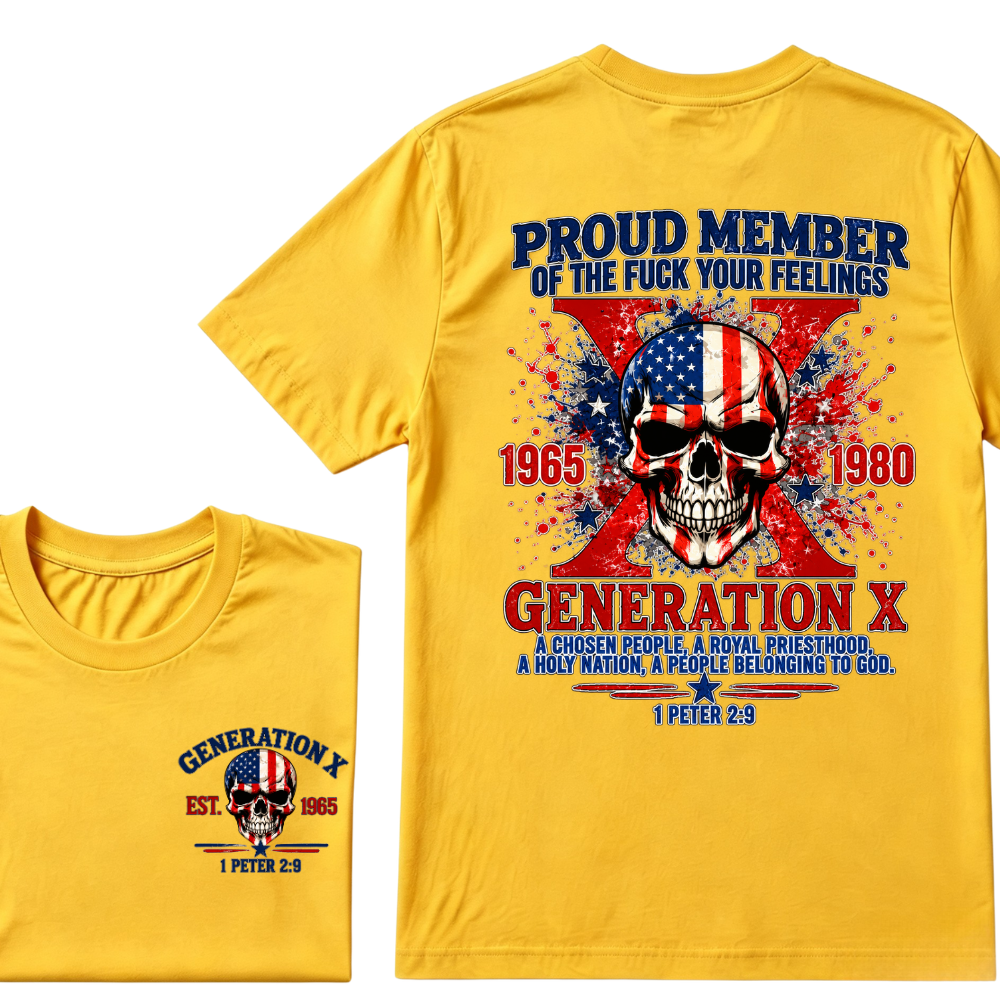Proud Member Generation X 1965-1980 American Flag Skull 1 Peter 2:9 EST.Year Christian T-Shirt