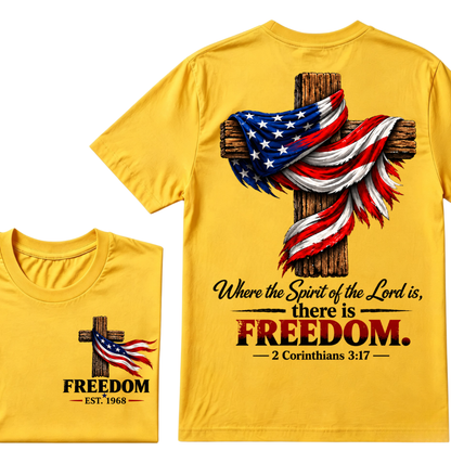 Patriotic USA Flag Cross Christian T Shirt Where the Spirit of the Lord is there is Freedom Bible Verse EST.Year Faith Tee