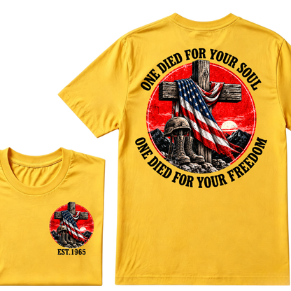 Only Dead Fish Follow Orders Only God For Your Freedom EST.Year  Patriotic Cross Veteran USA Flag T-Shirt