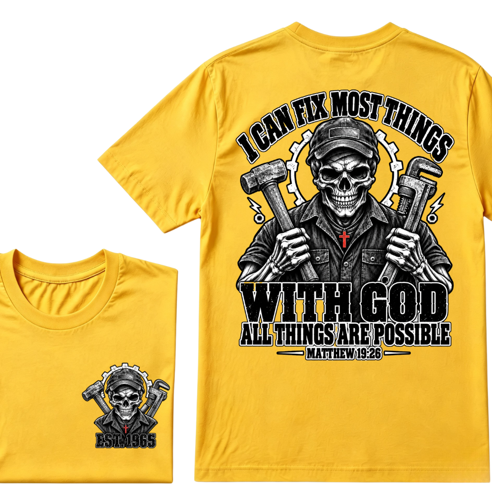 I Can Fix Most Things With God All Things Are Possible Matthew 19:26 Mechanic Skull Double Sided T-Shirt