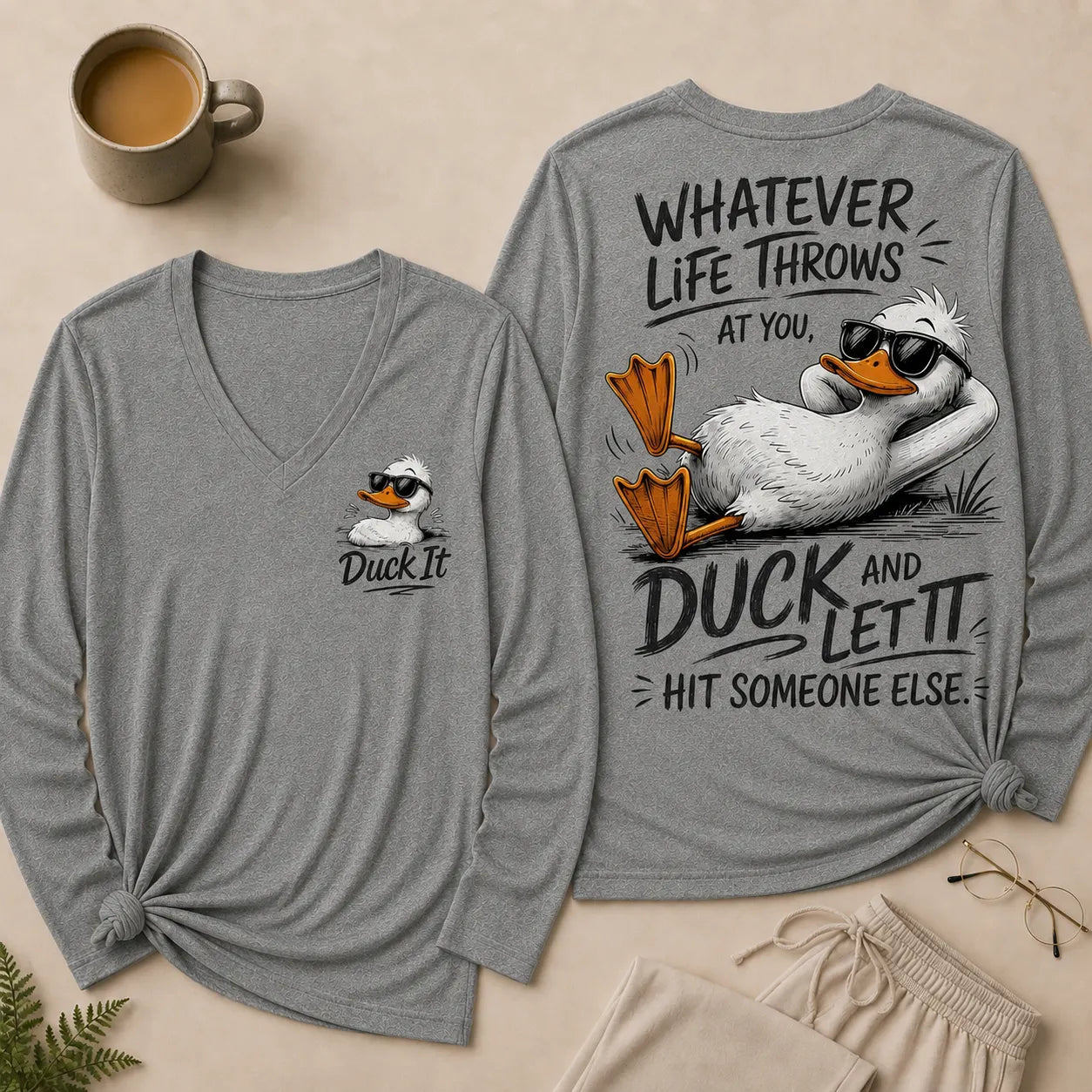 Whatever Life Throws at You – Duck It V-Neck Long Sleeve Shirts