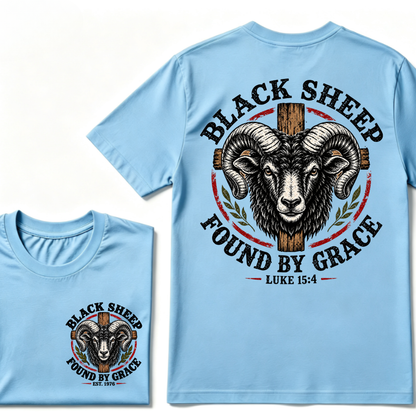 Black Sheep Found By Grace Luke 15：4 Custom EST.Year Ram Head Cross Christian Graphic T-Shirt