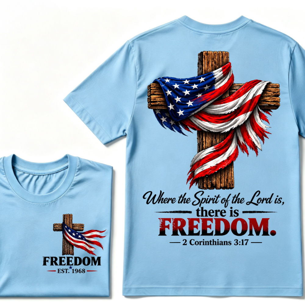 Patriotic USA Flag Cross Christian T Shirt Where the Spirit of the Lord is there is Freedom Bible Verse EST.Year Faith Tee