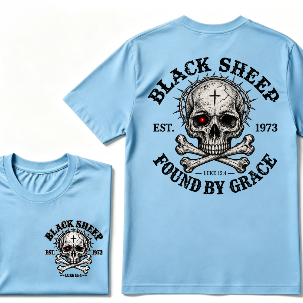 Black Sheep Found By Grace EST.Year Luke 15:4 Skull Crossbone Crown of Thorns Christian Custom Your Year T-Shirt