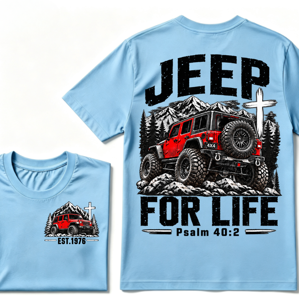 Jeep For Life Psalm 40:2 Offroad 4x4 Mountain EST.Year Front And Back Print T-Shirt, Christian Jeep Lover Graphic Tee