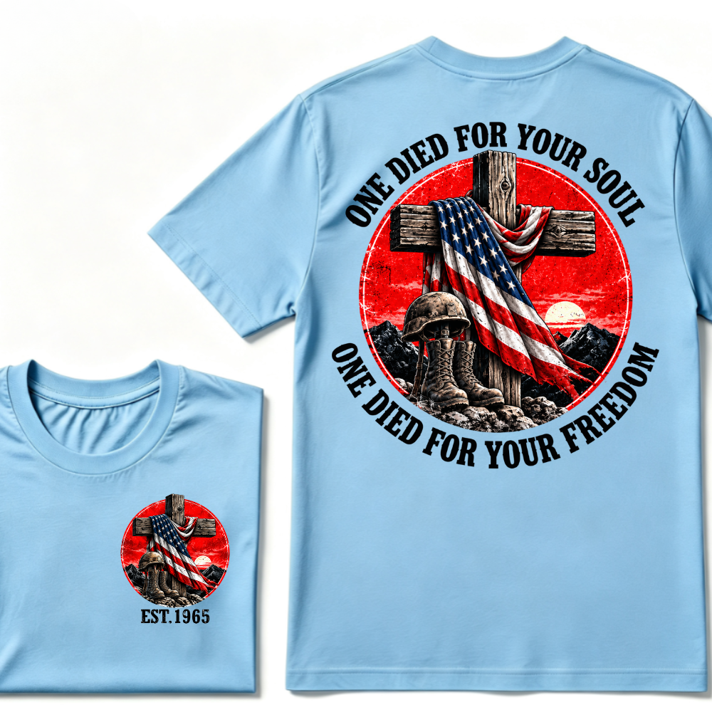 Only Dead Fish Follow Orders Only God For Your Freedom EST.Year  Patriotic Cross Veteran USA Flag T-Shirt